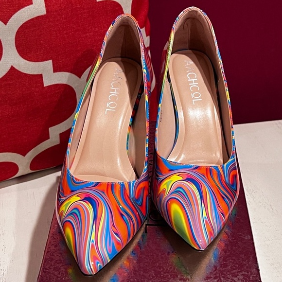 Aachcol Vibrant Multicolor Swirl Women's Heels - Picture 1 of 9